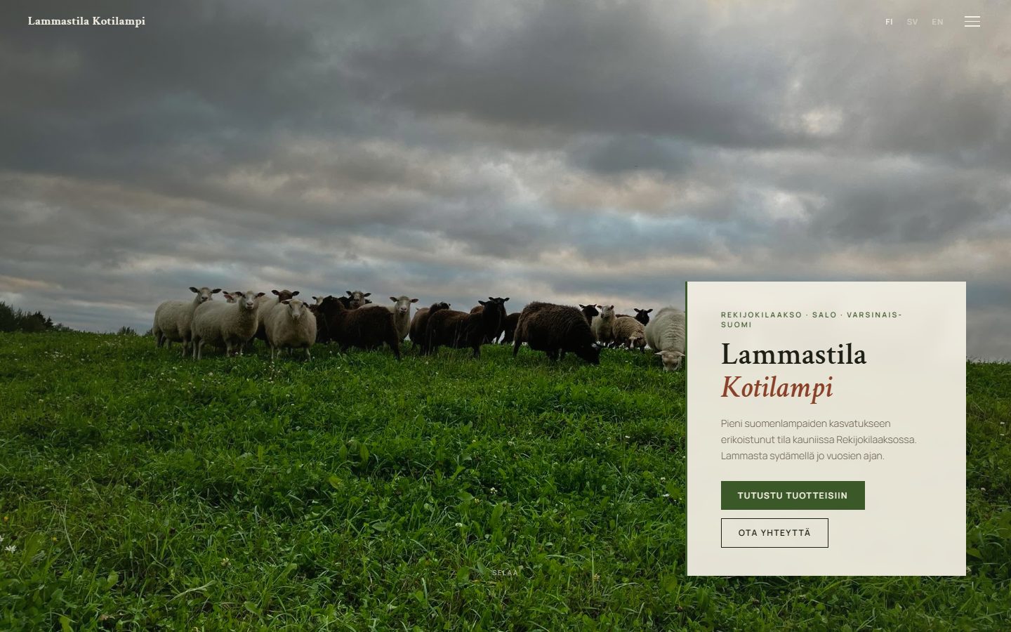Lammastila Kotilampi homepage with a full-bleed sheep pasture photograph