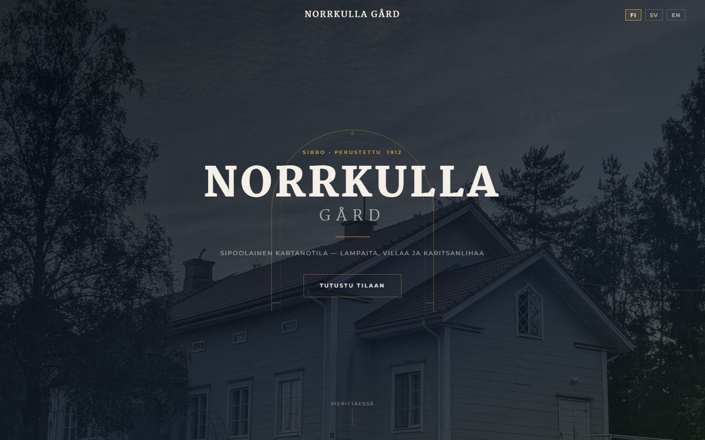Norrkulla Gård homepage with a dark cinematic manor-house photo